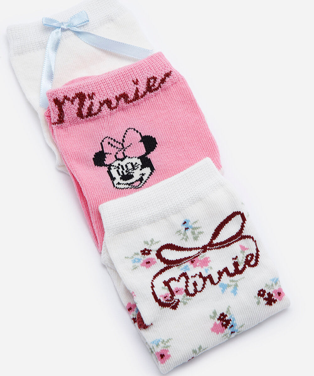kit 3 pares de meias infantis de algodão minnie colorido