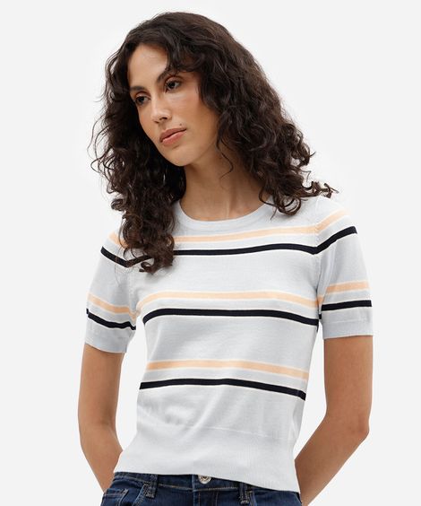 blusa básica feminina de tricot manga curta listrada azul