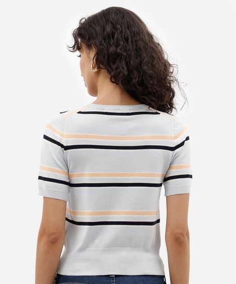 blusa básica feminina de tricot manga curta listrada azul
