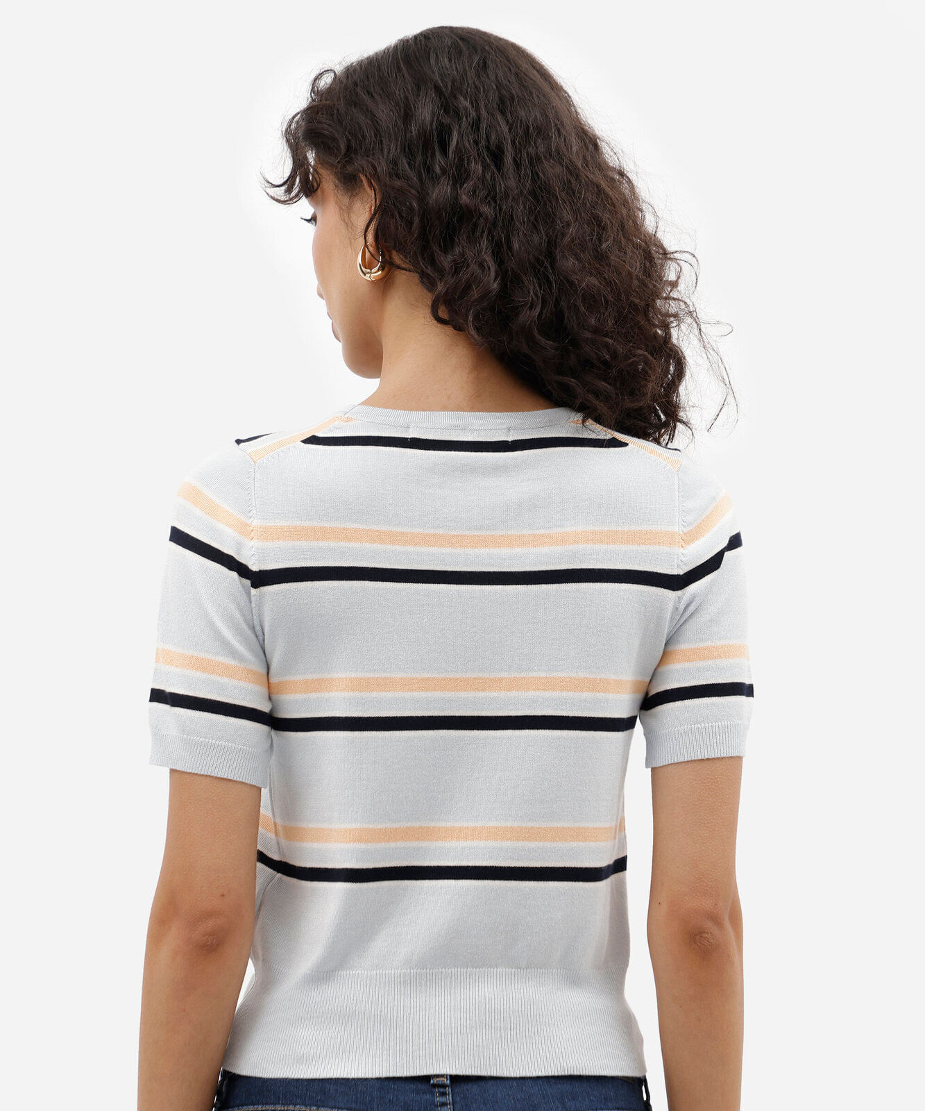 blusa básica feminina de tricot manga curta listrada azul