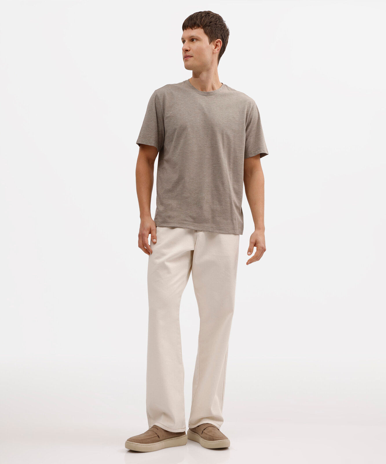 camiseta masculina comfort listrada em algodão texturizada bege