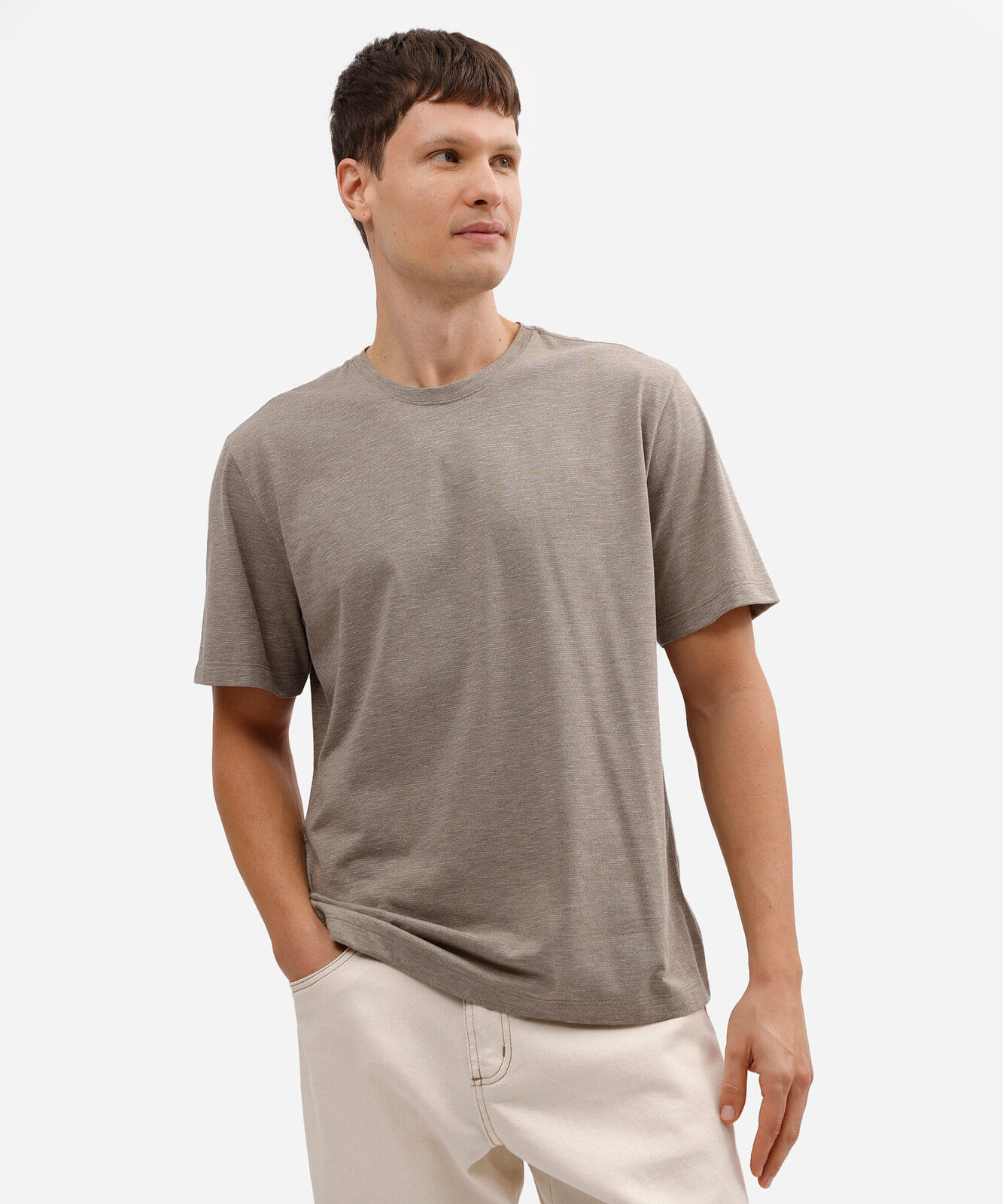 camiseta masculina comfort listrada em algodão texturizada bege