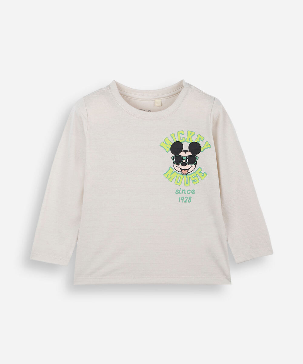 camiseta infantil com algodão manga longa mickey bege