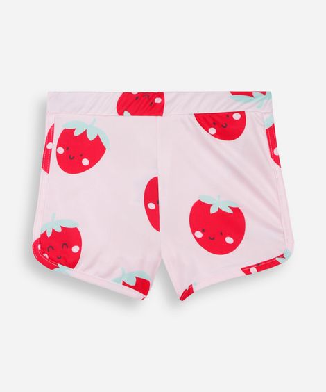short infantil de praia cós elástico morangos rosa