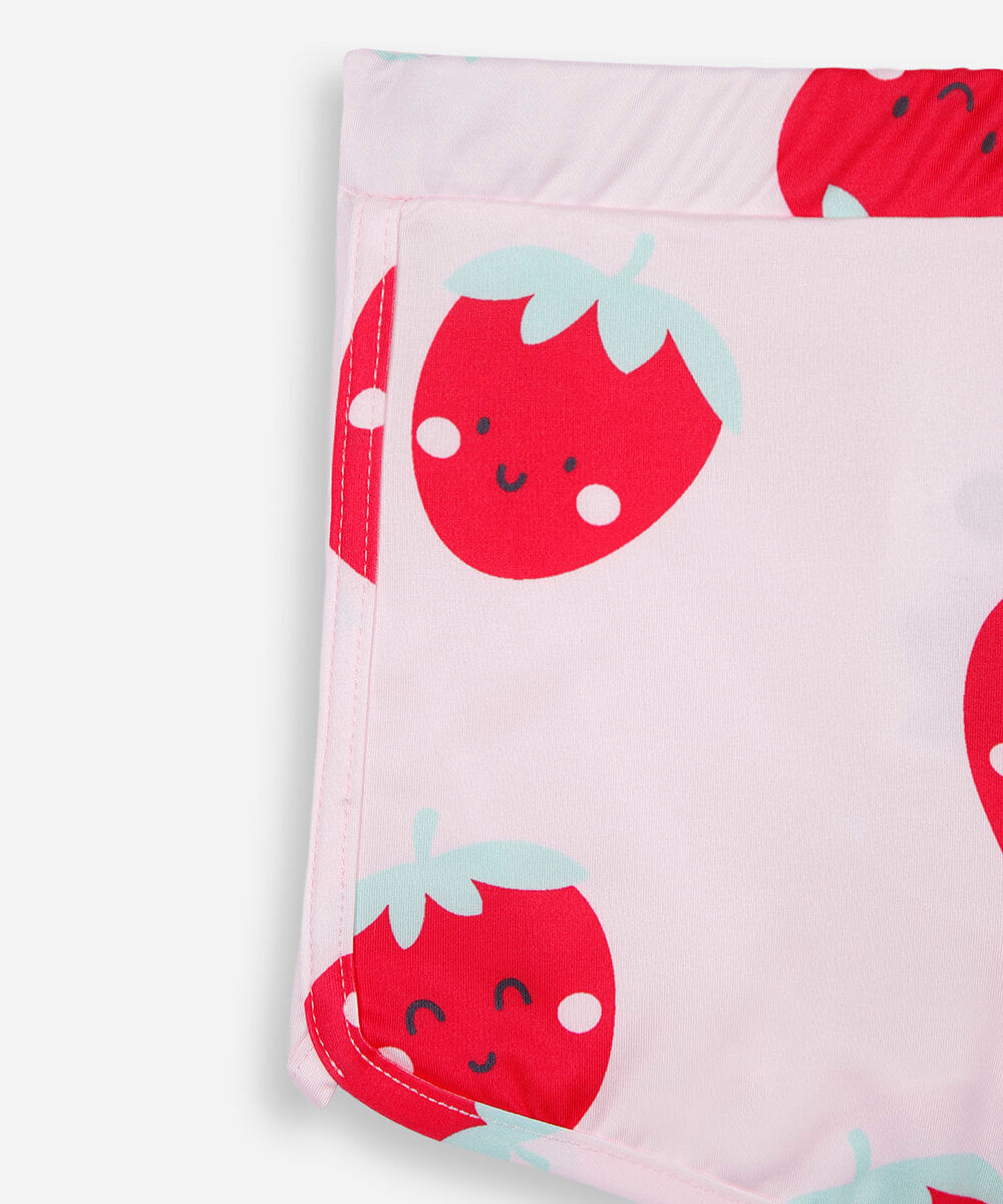 short infantil de praia cós elástico morangos rosa
