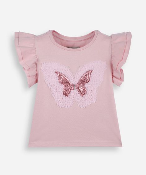 blusa infantil de algodão bordado borboleta com paetê rosa