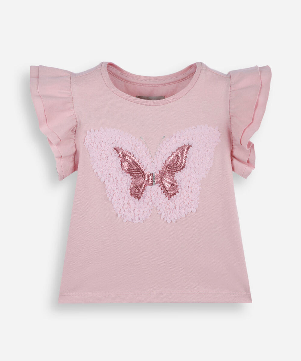 blusa infantil de algodão bordado borboleta com paetê rosa