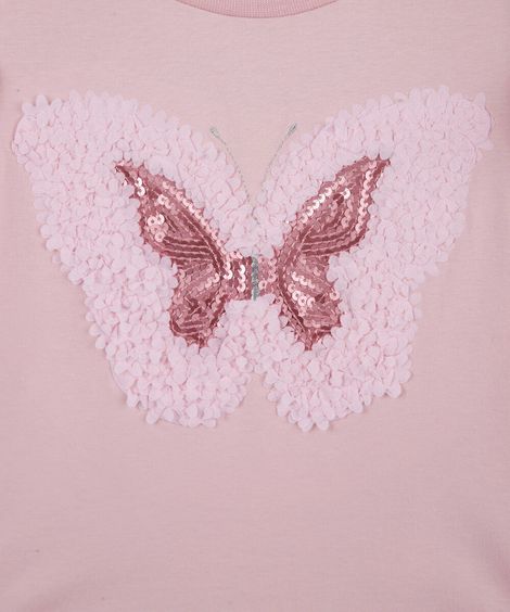 blusa infantil de algodão bordado borboleta com paetê rosa