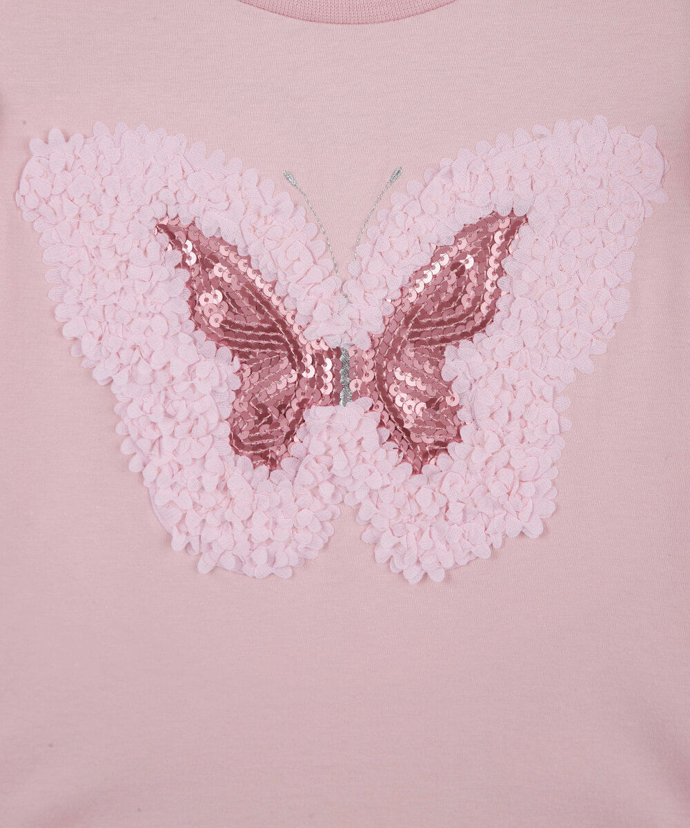 blusa infantil de algodão bordado borboleta com paetê rosa