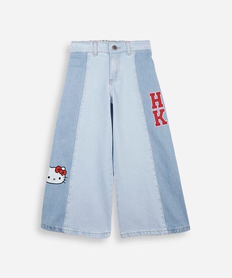 calça wide leg infantil jeans com recorte hello kitty azul