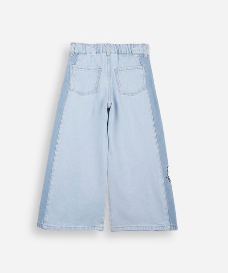 calça wide leg infantil jeans com recorte hello kitty azul