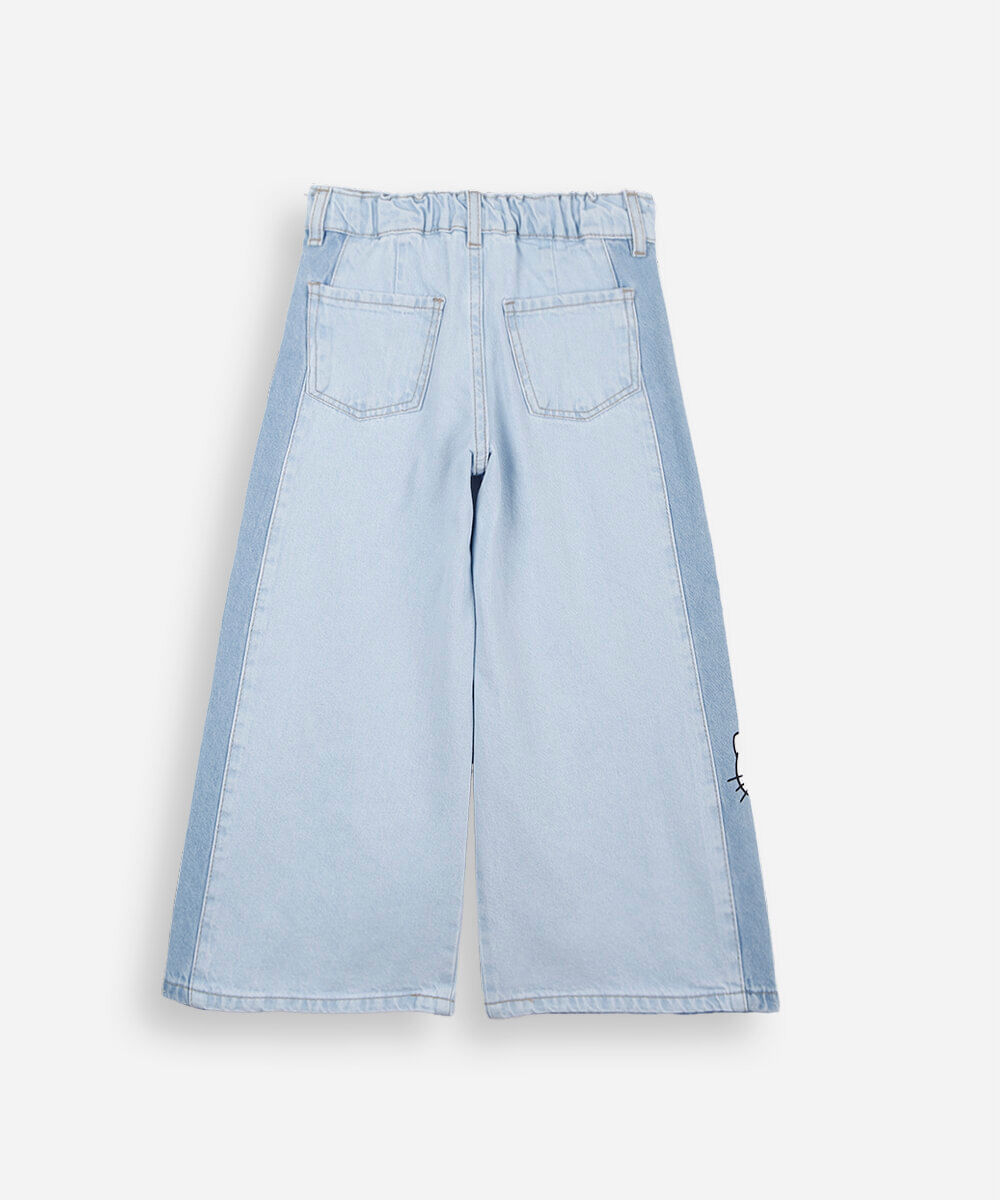 calça wide leg infantil jeans com recorte hello kitty azul