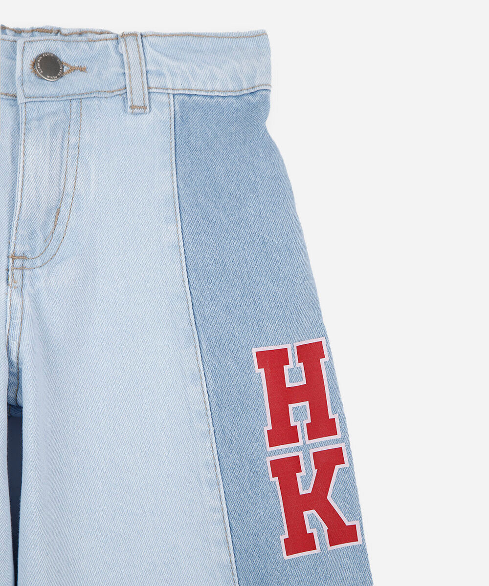 calça wide leg infantil jeans com recorte hello kitty azul