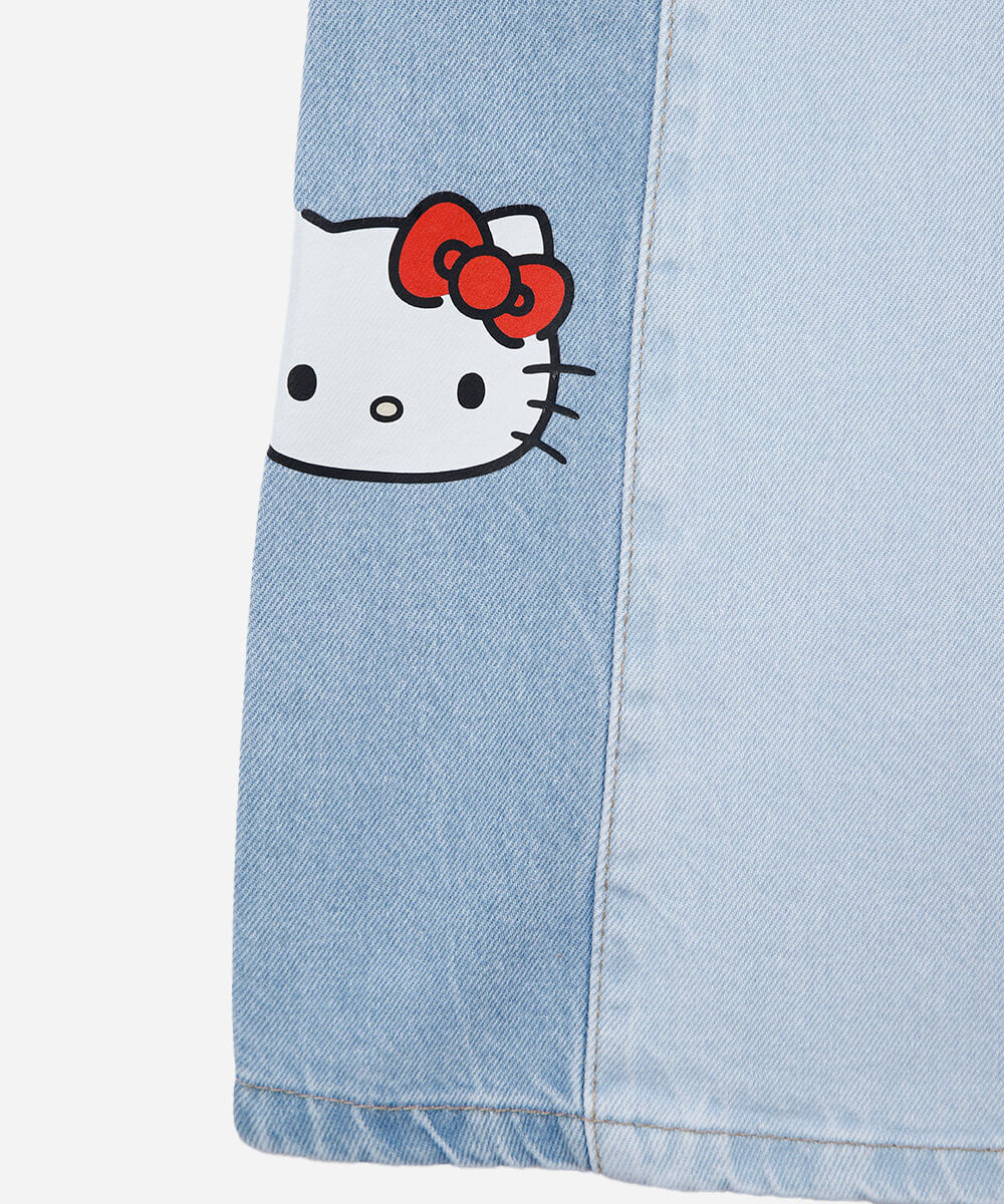 calça wide leg infantil jeans com recorte hello kitty azul