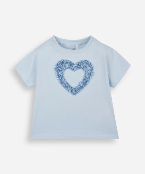blusa infantil de algodão com coração de chiffon azul