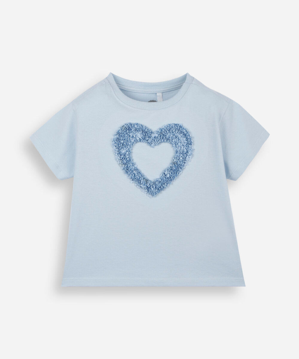 blusa infantil de algodão com coração de chiffon azul
