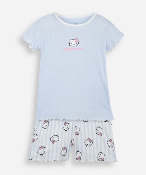 pijama curto infantil com viscose hello kitty canelado azul