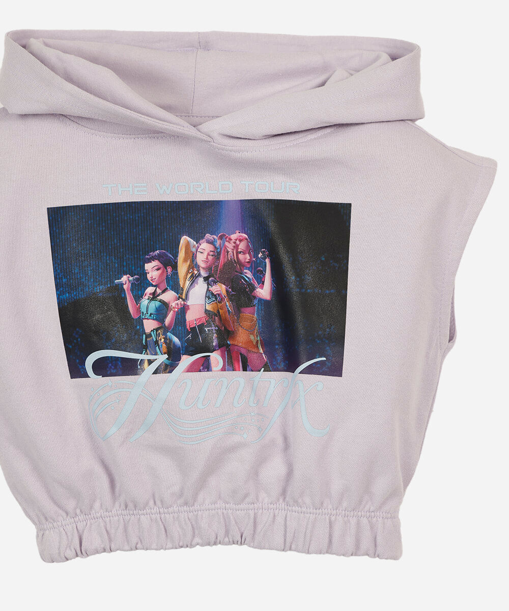 conjunto curto infantil com capuz guerreiras do kpop lilás