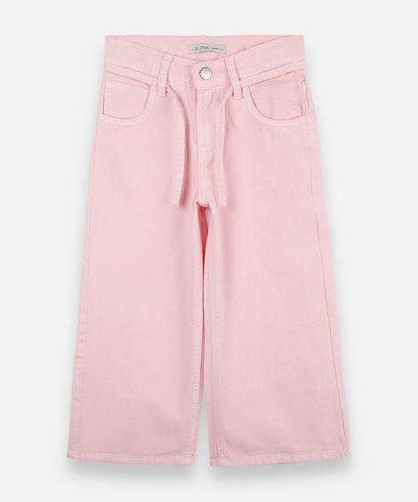 calça wide leg infantil de sarja com cordão rosa