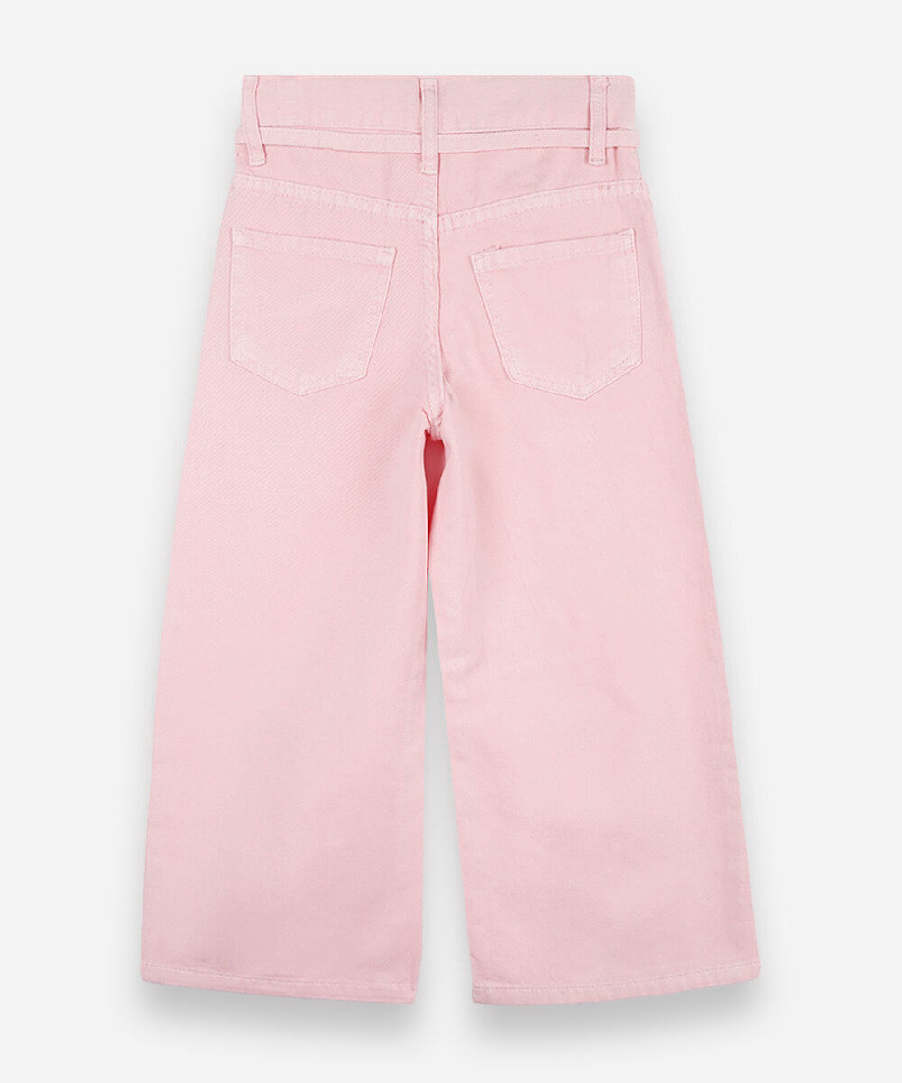 calça wide leg infantil de sarja com cordão rosa
