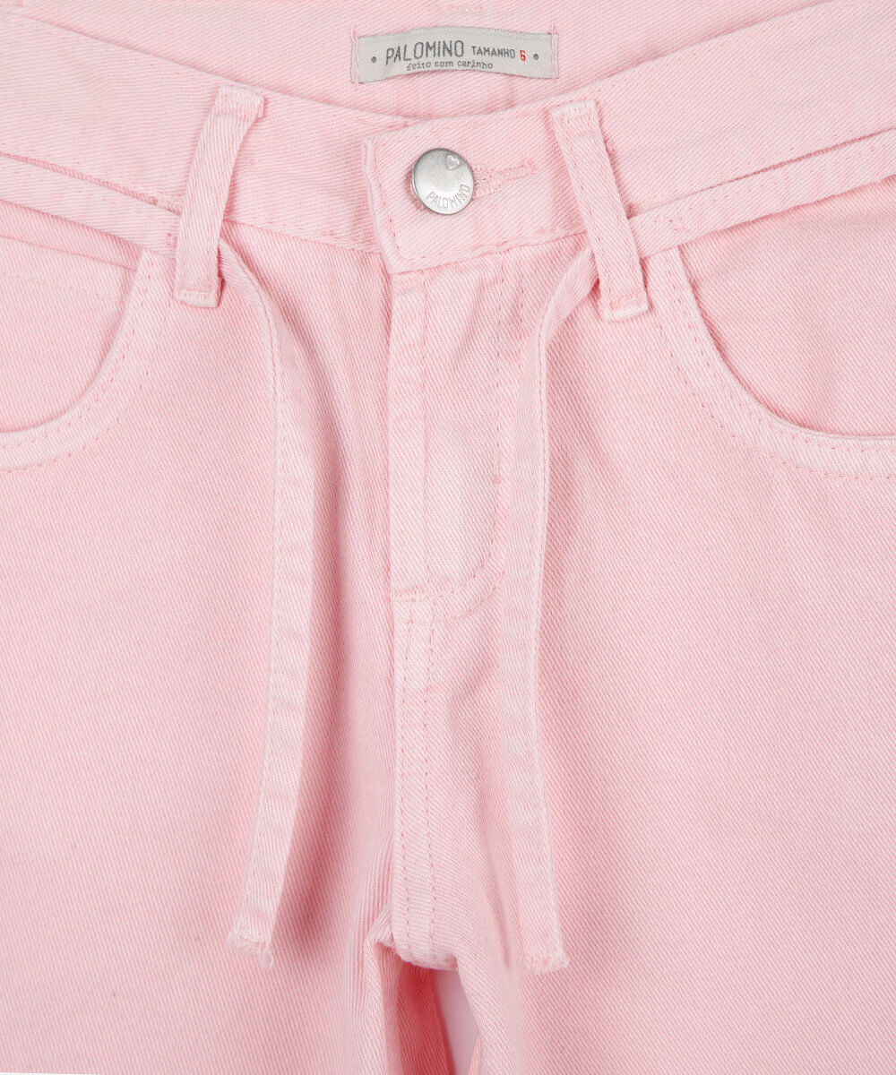 calça wide leg infantil de sarja com cordão rosa