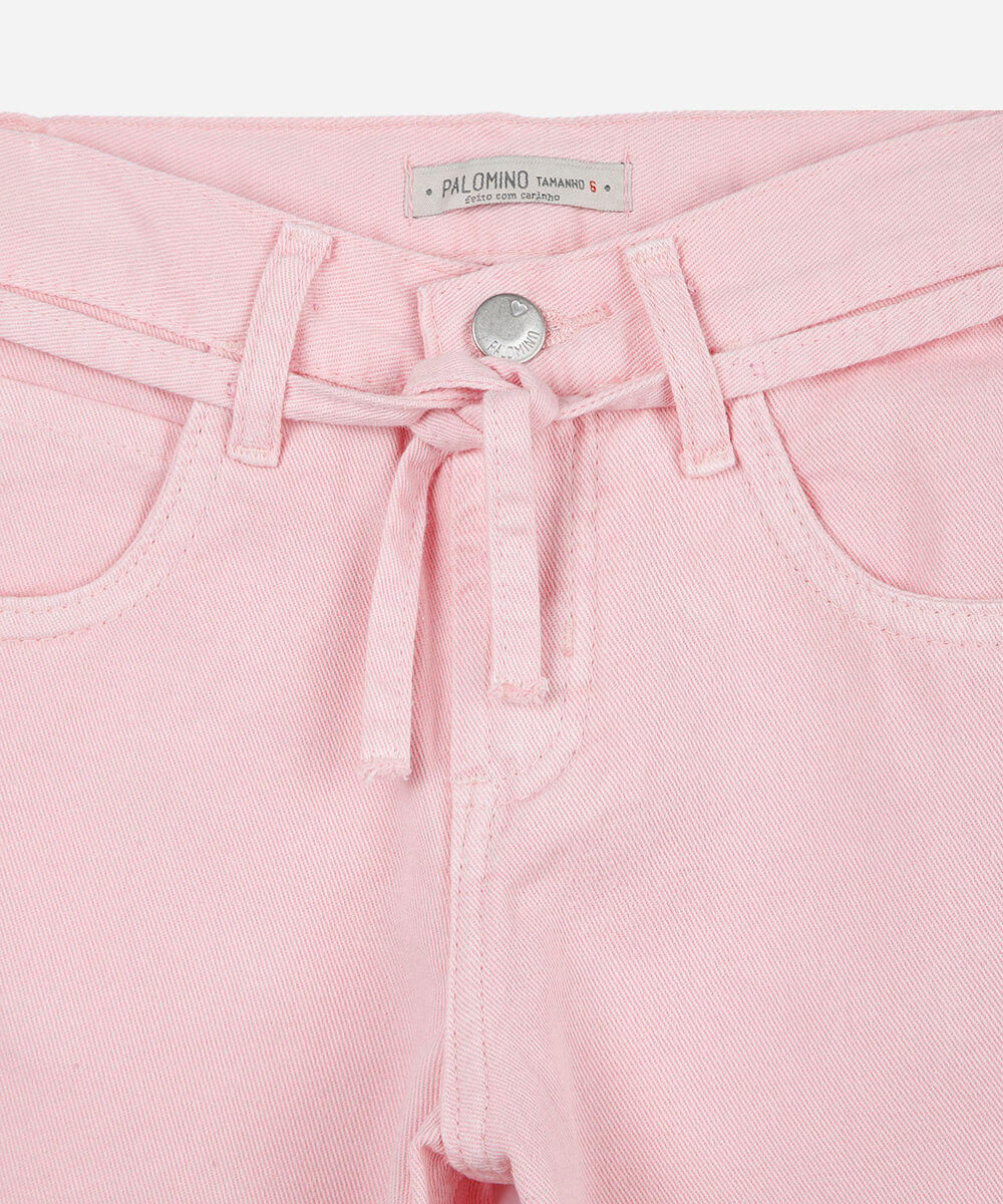 calça wide leg infantil de sarja com cordão rosa