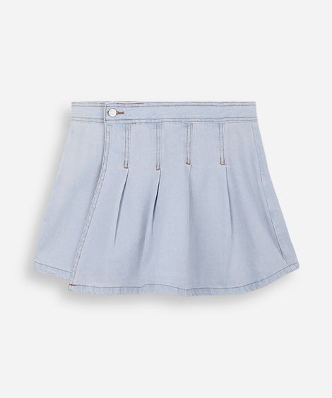 short saia juvenil jeans com pregas azul
