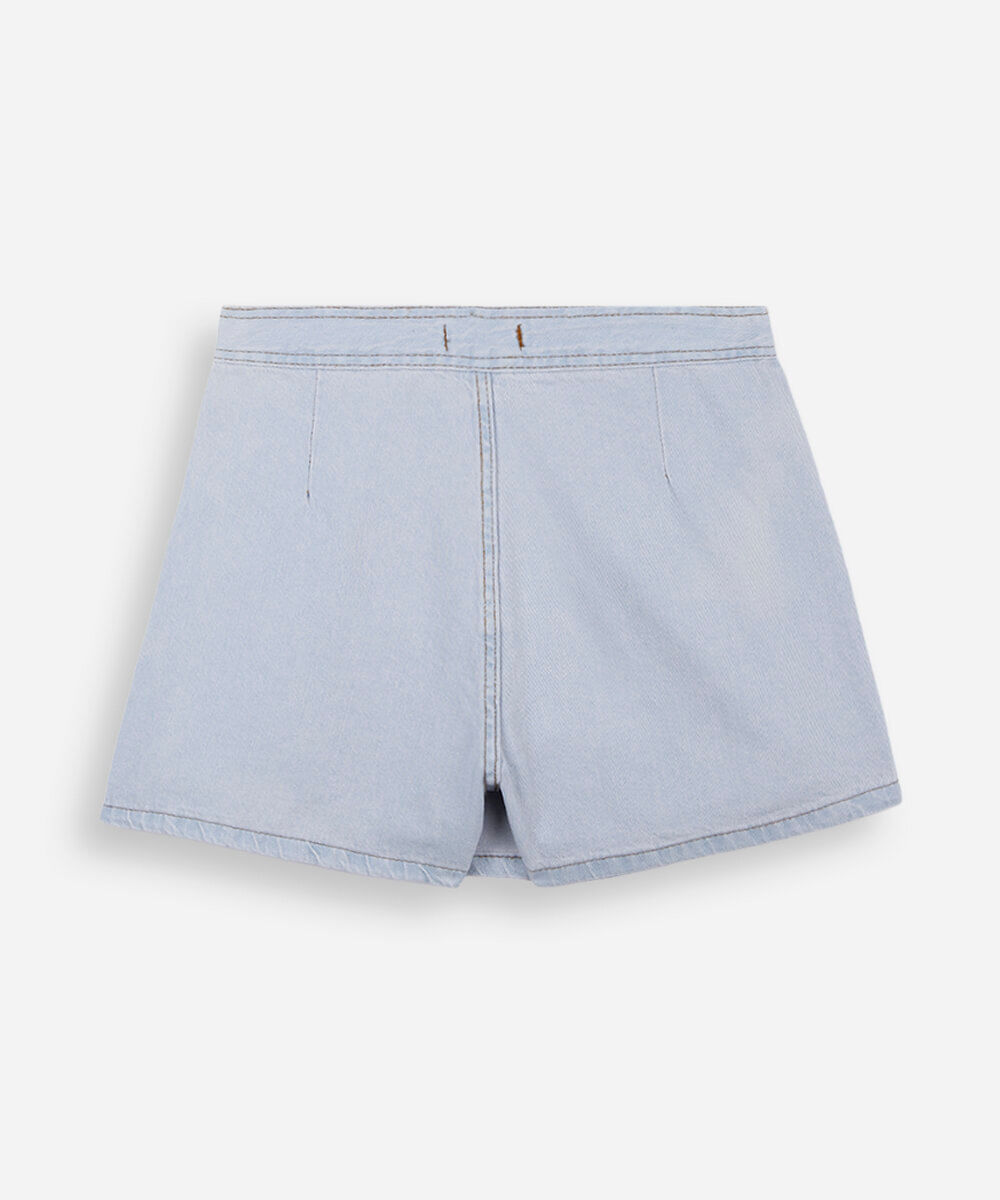 short saia juvenil jeans com pregas azul