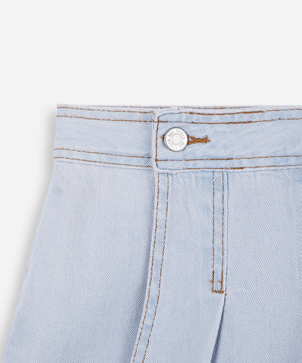 short saia juvenil jeans com pregas azul