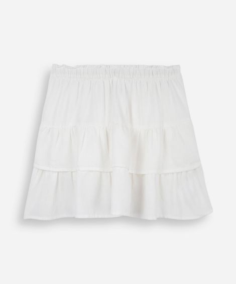 minissaia juvenil com linho e babados cós elástico off white