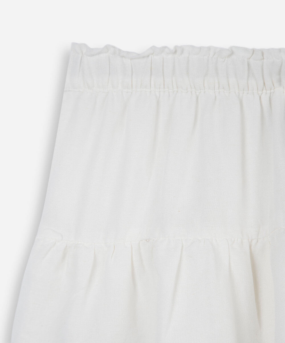 minissaia juvenil com linho e babados cós elástico off white