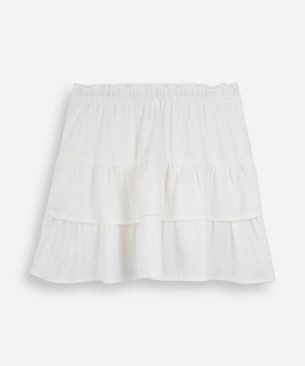 minissaia juvenil com linho e babados cós elástico off white