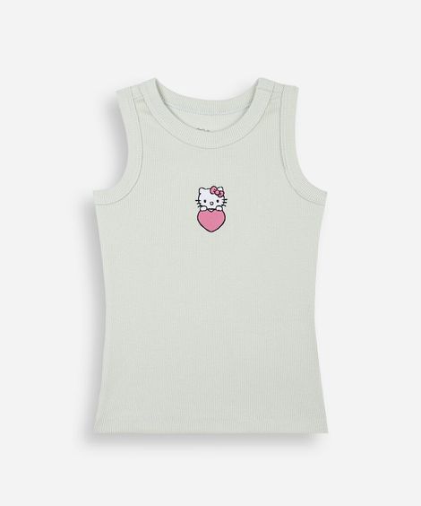 regata infantil de algodão com bordado hello kitty canelada verde