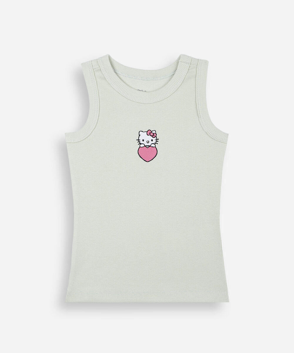 regata infantil de algodão com bordado hello kitty canelada verde