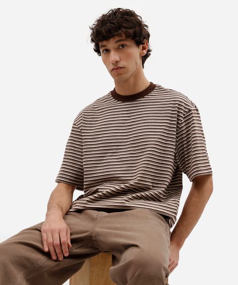 camiseta masculina de algodão manga curta listrada marrom