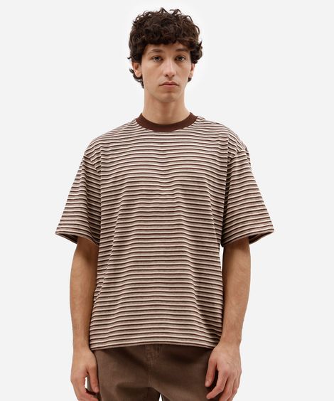 camiseta masculina de algodão manga curta listrada marrom