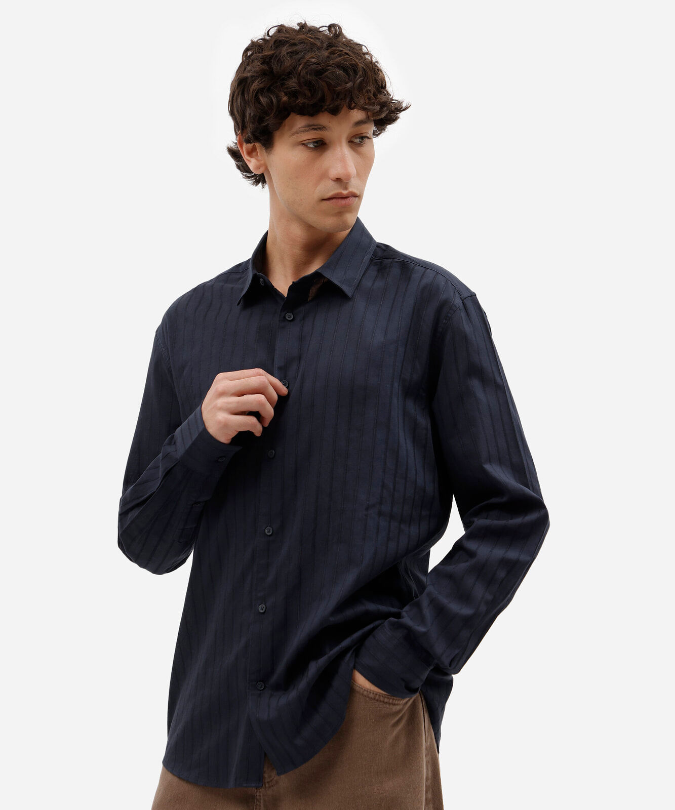 camisa masculina de algodão manga longa listrada azul