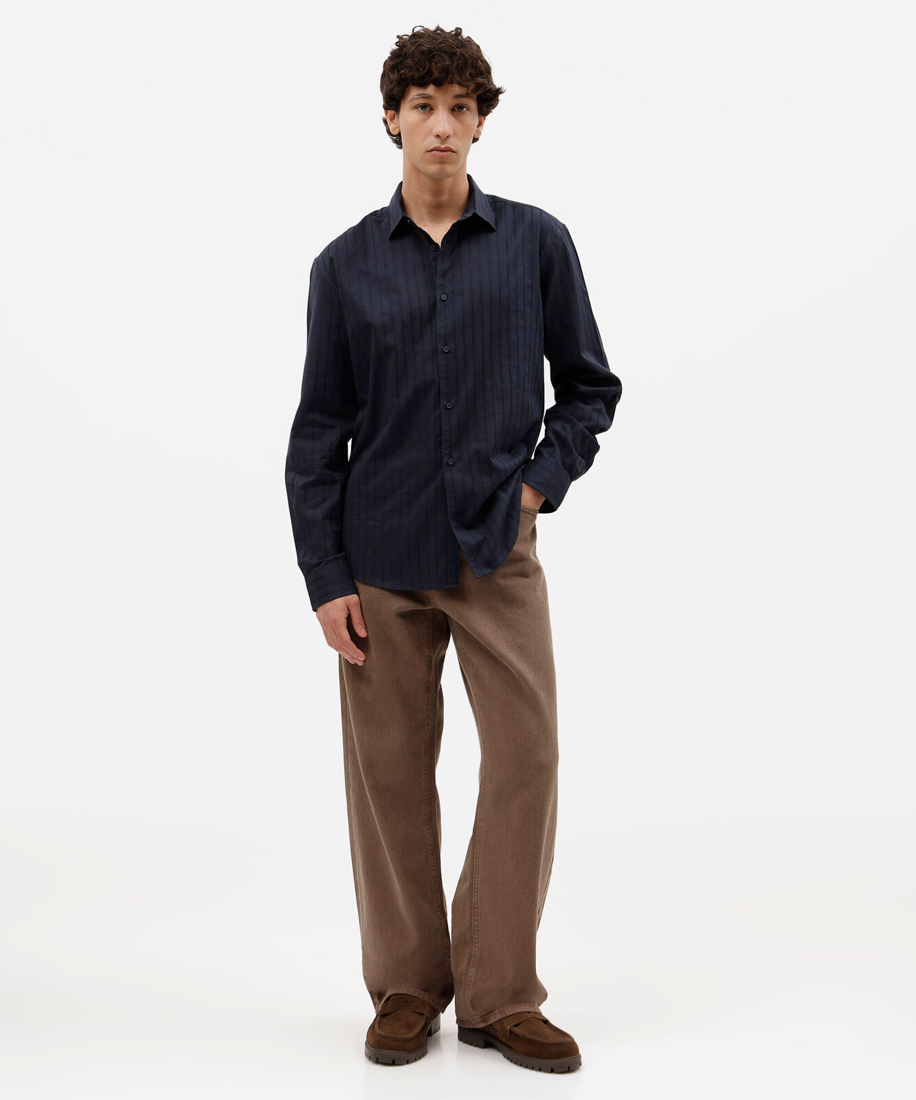 camisa masculina de algodão manga longa listrada azul