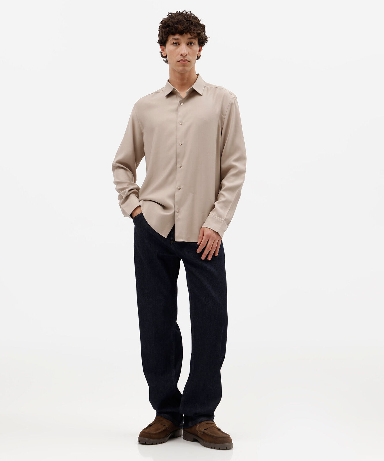 camisa masculina com viscose manga longa bege