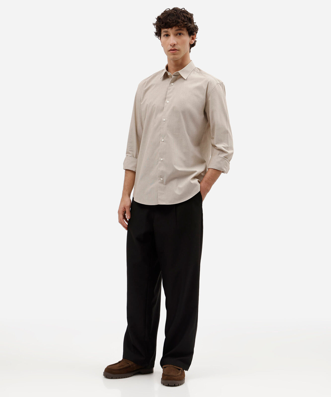 camisa masculina com algodão manga longa bege