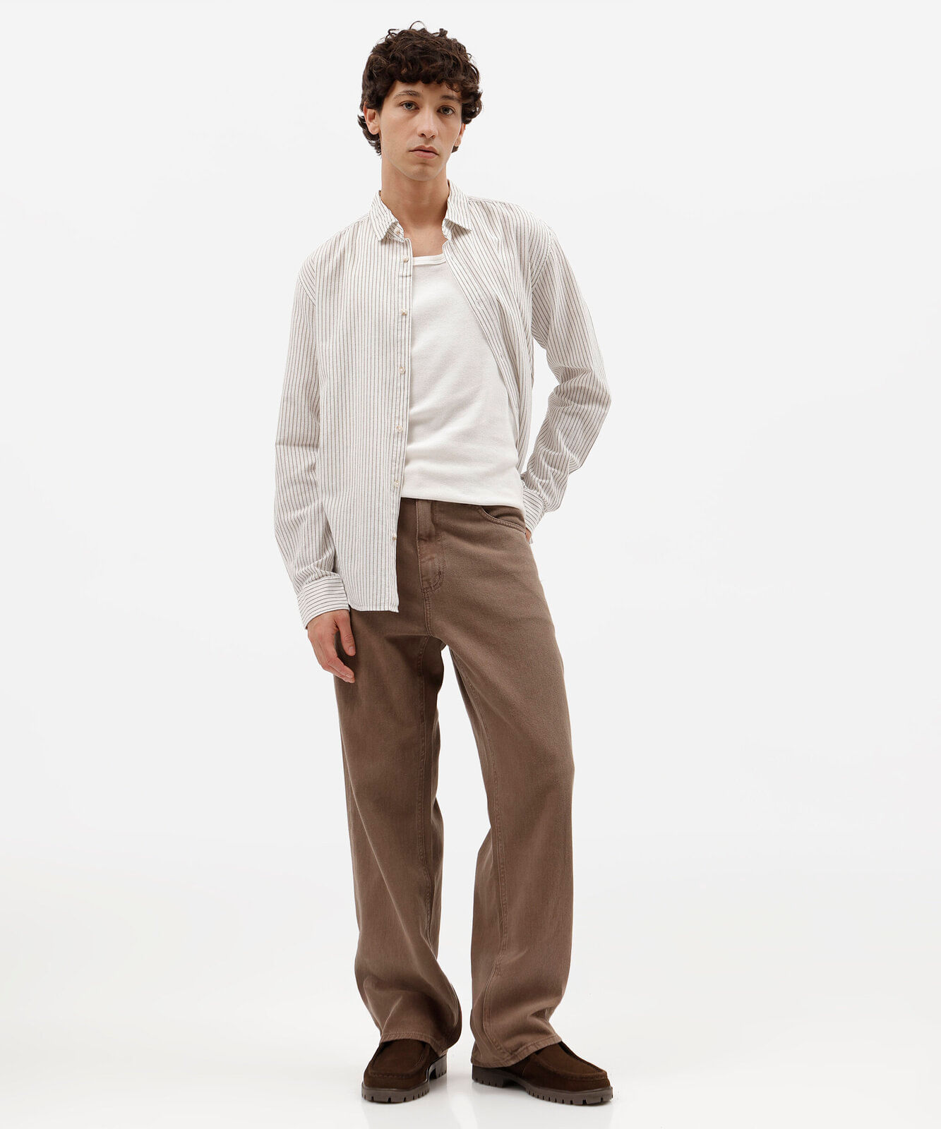 camisa masculina com linho manga longa listrada marrom