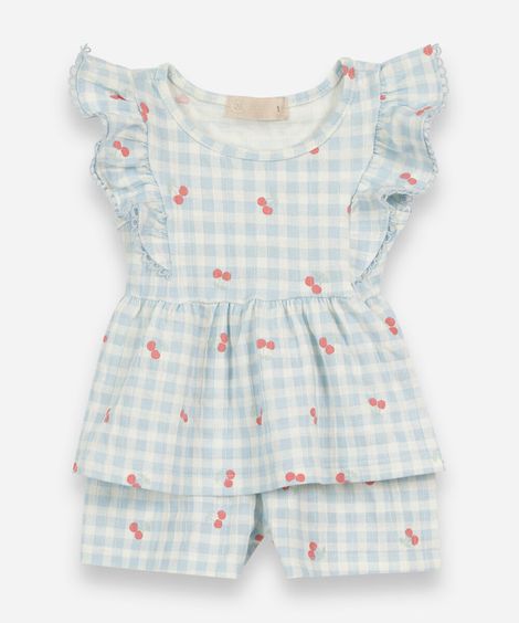 conjunto curto infantil de algodão com babados xadrez cerejas azul