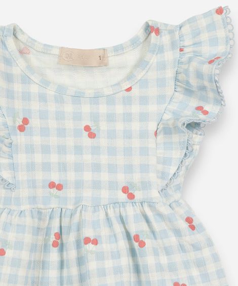 conjunto curto infantil de algodão com babados xadrez cerejas azul