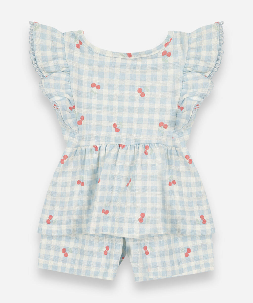 conjunto curto infantil de algodão com babados xadrez cerejas azul