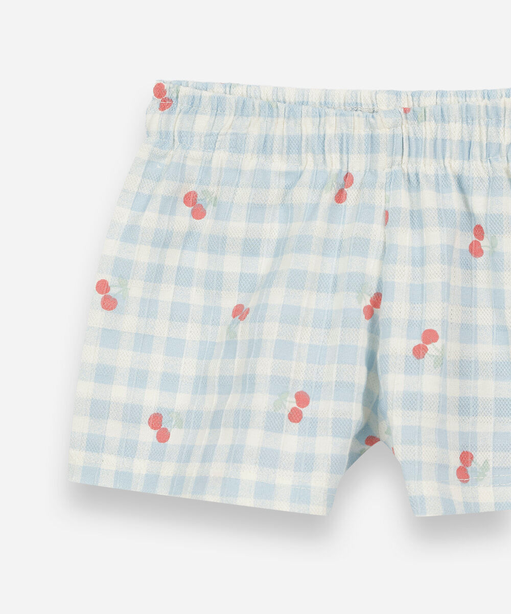 conjunto curto infantil de algodão com babados xadrez cerejas azul
