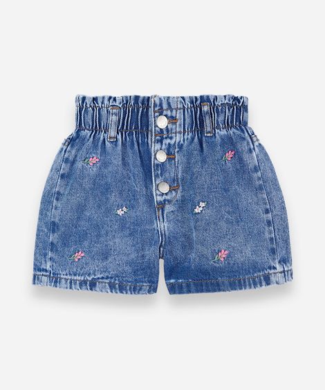 short mom infantil jeans cós elástico com bordado floral azul