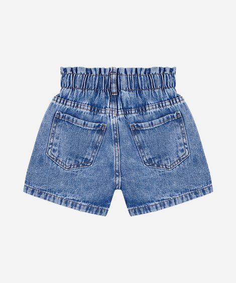 short mom infantil jeans cós elástico com bordado floral azul