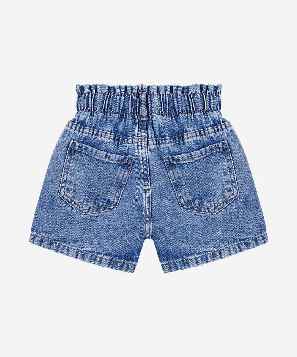 short mom infantil jeans cós elástico com bordado floral azul