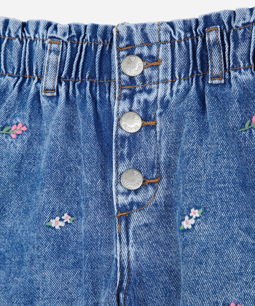 short mom infantil jeans cós elástico com bordado floral azul