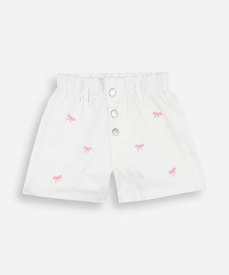 short infantil de sarja cós elástico bordado laços off white